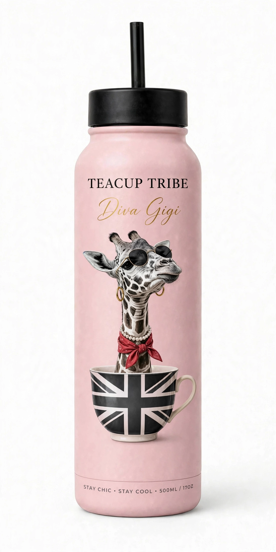 Diva Gigi insulated water bottle in pastel pink with black sport cap