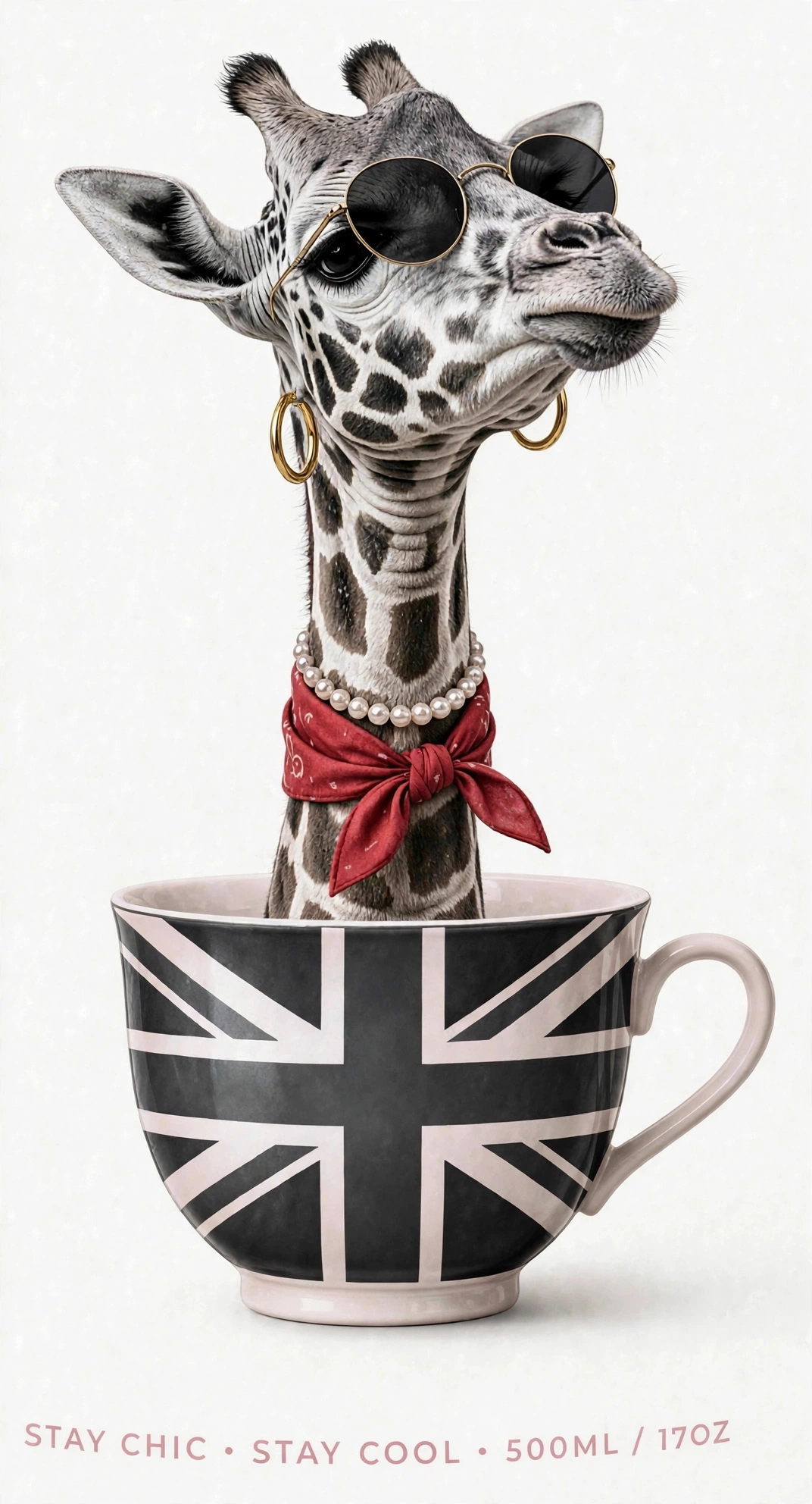 Diva Gigi — giraffe in a Union Jack teacup, silver hoops, red neck bandana, round black sunglasses